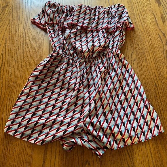 Peaches n Cream Nautical Print Bright Red and Blue Ruffled Strapless Romper - Picture 3 of 14